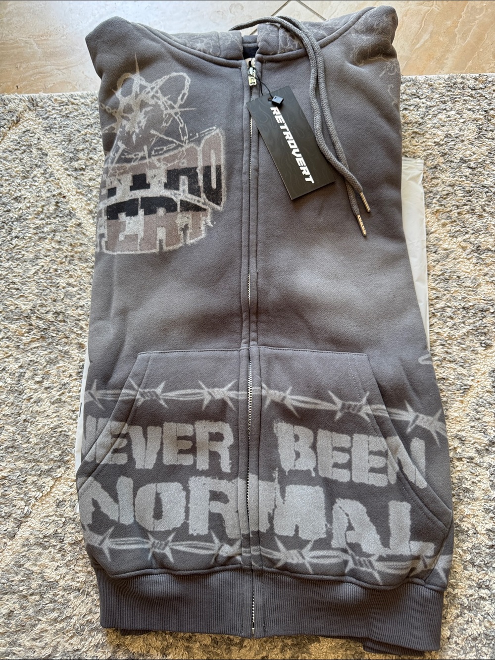 Retrovert Destroyer Zip-Up Hoodie with 'Never Been Normal' Graphic - Gray men:w